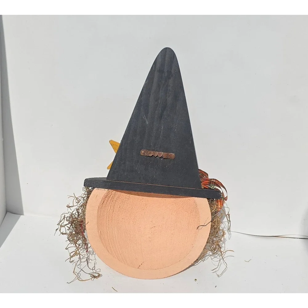 Vintage 1990s Wooden Witch Wall Hanging Halloween Decor Primitive Folk Art Star